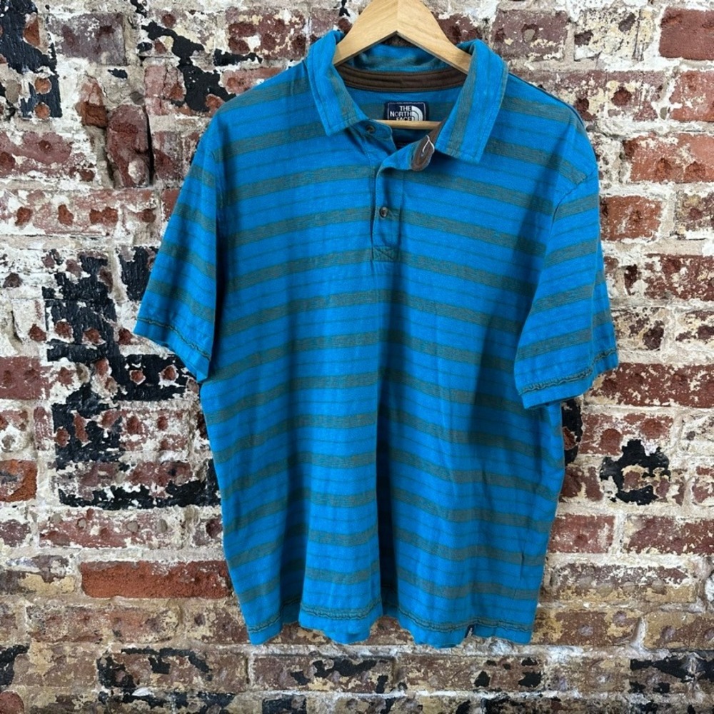 North Face Blue Striped Polo Shirt Golf Casual Short Sleeve Men XL